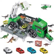 Dinosaur Transport Car Carrier Truck Toy with 6 Dinos 3 Matchbox Cars and 1 Helicopter, Toy Trucks Fits 13 Toy Car Slots Great Dinosaur Toys for Boys and Girls - by Gifts2U