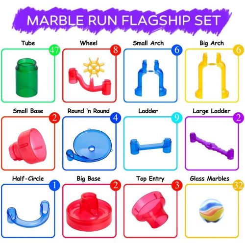  [아마존베스트]Gifts2U Marble Run Sets Kids, 122 PCS Marble Race Track Game 90 Translucent Marbulous Pieces + 32 Glass Marbles, STEM Marble Maze Building Blocks Kids 4+ Year Old