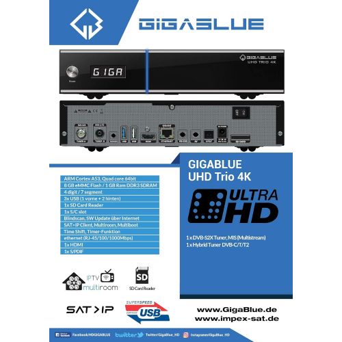  GigaBlue UHD Trio 4K 2160p 1x DVB S2X MS 1x DVB C/T2 Tuner E2 Linux Receiver Black Including Octagon WLAN USB Stick 150Mbit + 2dB Antenna