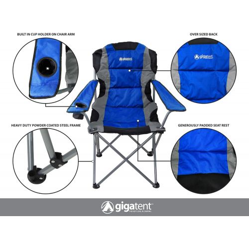  GigaTent Black Folding Camping Chair  Ultra Lightweight Collapsible Quad Padded Lawn Seat with Full Back, Arm Rests, Cup Holder and Shoulder Strap Carrying Bag - Powder Coated Ste