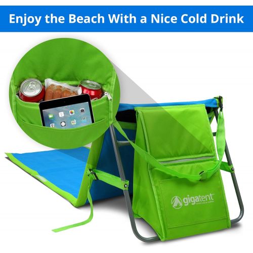  GigaTent Portable Beach Lounge Chair Mat Adjustable Backrest with Cooler Storage Pocket Lightweight Foldable Comfortable Insulated Shoulder Carrying Strap