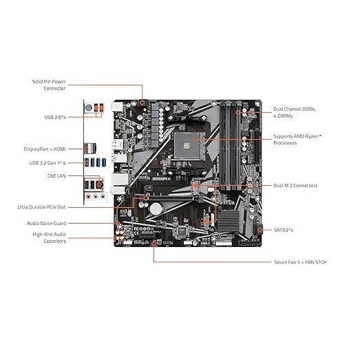 기가바이트 GIGABYTE B550M K AM4 AMD B550 Micro-ATX Motherboard with Dual M.2, SATA 6Gb/s, USB 3.2 Gen 1, Realtek GbE LAN, PCIe 4.0