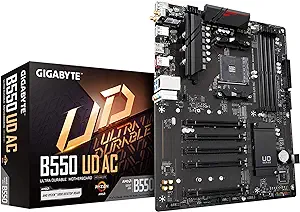 GIGABYTE B550 UD AC (AM4/ AMD/ B550/ ATX/Dual M.2/ SATA 6Gb/s/USB 3.2 Gen 2/ Intel 802.11a/b/g/n/ac/Realtek GbE LAN/PCIe 4.0/ Motherboard)