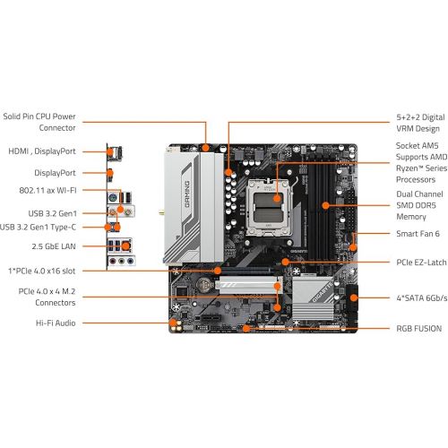 기가바이트 GIGABYTE B650M Gaming Plus WiFi AM5 LGA 1718 AMD B650 M-ATX, DDR5, PCIe 4.0 M.2, PCIe 4.0, USB 3.2 Gen 1 Type-C, Wi-Fi 6E, 2.5GbE LAN