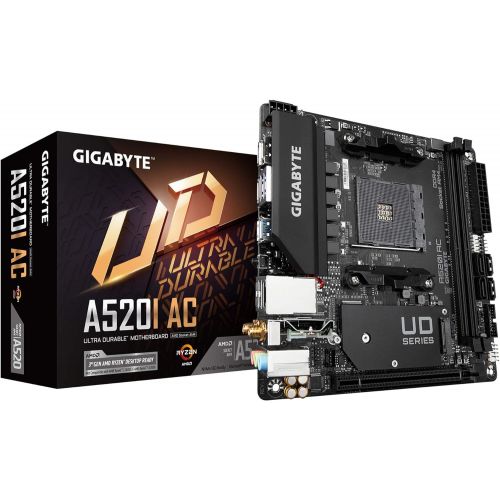 기가바이트 Gigabyte A520I AC (AMD Ryzen AM4/Mini-ITX/Direct 6 Phases Digital PWM with 55A DrMOS/Gaming GbE LAN/Intel WiFi+Bluetooth/NVMe PCIe 3.0 x4 M.2/3 Display Interfaces/Q-Flash Plus/Moth