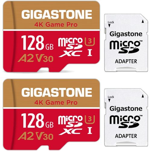  Gigastone 128GB 2-Pack Micro SD Card, Professional A2 V30 Ultra HD, High Speed 4K UHD Gaming, Micro SDXC UHS-I U3 C10 Class 10 Memory Card with Adapter, 5-Year Warranty