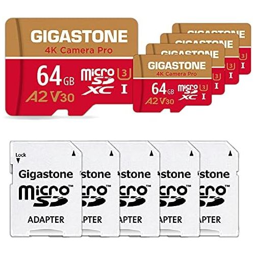  [5-Yrs Free Data Recovery] Gigastone 64GB 5-Pack Micro SD Card, 4K Camera Pro for GoPro, Security Camera, Wyze, DJI, Drone, Nintendo-Switch, R/W up to 95/35MB/s MicroSDXC Memory Ca