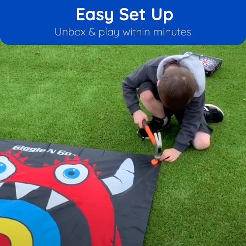  Giggle N Go Outdoor Games for Kids, Adults & Family - The Original Flarts Floor and Yard Darts Game with Inflatable Pins, Lawn Pegs and Mat - Monster Theme ?