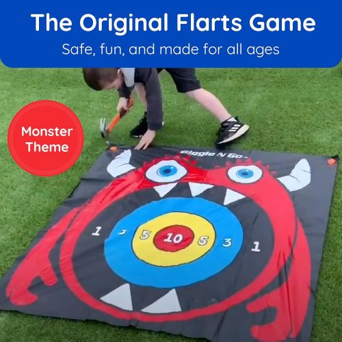  Giggle N Go Outdoor Games for Kids, Adults & Family - The Original Flarts Floor and Yard Darts Game with Inflatable Pins, Lawn Pegs and Mat - Monster Theme ?