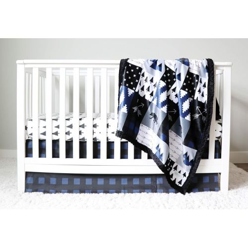  Giggle Six Baby Blue Black Plaid Woodlands Three Piece Crib Bedding Set