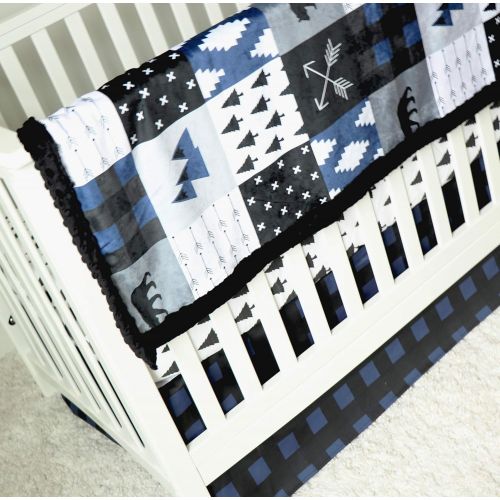  Giggle Six Baby Blue Black Plaid Woodlands Three Piece Crib Bedding Set