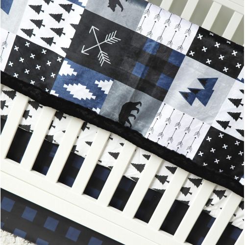  Giggle Six Baby Blue Black Plaid Woodlands Three Piece Crib Bedding Set