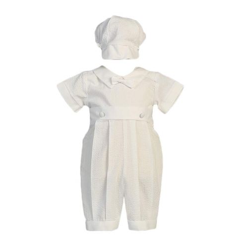  Gigis Classy Kids New Baby Boys White Cotton Seersucker 2 pc Romper Outfit Hat Christening Baptism Dedication