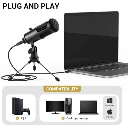  Gikbay USB Microphone for Computer, Cardioid Condenser Recording Microphone with Metal Tripod Stand for PC Laptop Mac Windows, Plug&Play Mic for Gaming Podcast Streaming Broadcast YouTube