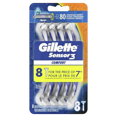  Gillette Sensor3 Comfort Disposable Razors for Men, 8 Count, Lubrastrip Glides Easily Over Your Skin