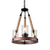 Giluta Wooden Ring Hemp Rope Chandelier Retro Farmhouse Style Pendant Lighting Vintage Round Ceiling Light Fixtures 3 Lights with Seeded Glass Shade, Brown (C0047)