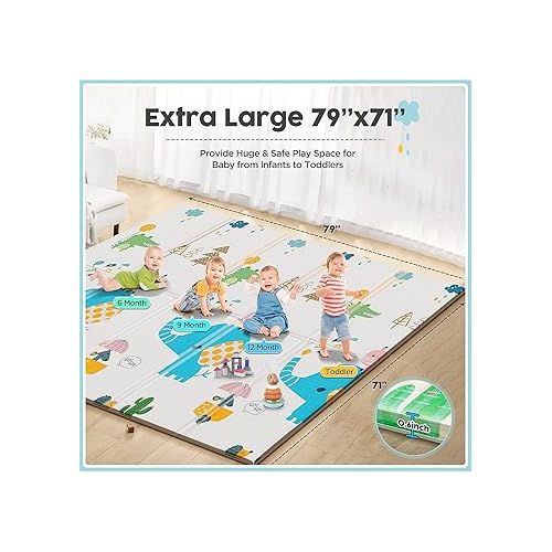  Gimars XL BPA Free 0.6 inch Reversible Foldable Baby Play Mat, Elephant&Giraffe, 79×71in