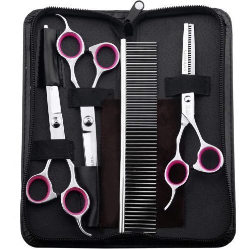  [아마존 핫딜] [아마존핫딜]Gimars Titanium Coated 3CR Stainless Steel Dog Grooming Scissors Kit, Heavy Duty Pet Grooming Trimmer Kit - Thinning, Straight, Curved Shears with Comb for Long & Short Hair, Fur f