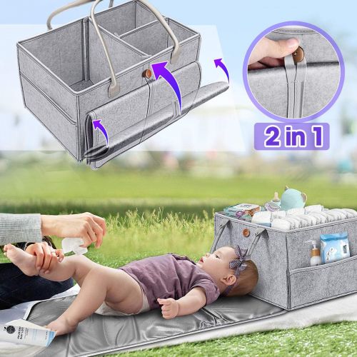  Gimars 2 in 1 Large Baby Caddy Organizer with Changing Pad, Portable Felt Nursery Storage Bin for Diapers Baby Wipe Toys, Car Travel Tote Bag, Bright Light Gray