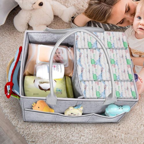  Gimars 2 in 1 Large Baby Caddy Organizer with Changing Pad, Portable Felt Nursery Storage Bin for Diapers Baby Wipe Toys, Car Travel Tote Bag, Bright Light Gray