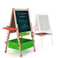 Gimilife Deluxe Easel for Kids, Folding Wooden Art Easel with Chalkboard, Whiteboard, and Storage Bins or Tray, Standing Easel with Magnetic Letters for Early Education (Wood, Fit