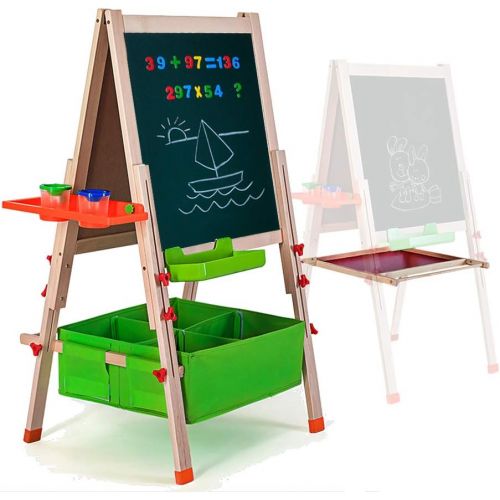  Gimilife Deluxe Easel for Kids, Folding Wooden Art Easel with Chalkboard, Whiteboard, and Storage Bins or Tray, Standing Easel with Magnetic Letters for Early Education (Wood, Fit