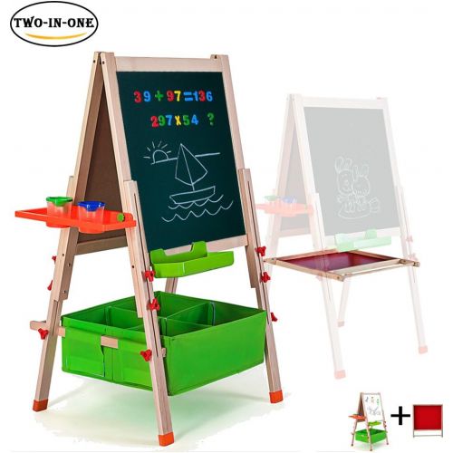  Gimilife Deluxe Easel for Kids, Folding Wooden Art Easel with Chalkboard, Whiteboard, and Storage Bins or Tray, Standing Easel with Magnetic Letters for Early Education (Wood, Fit