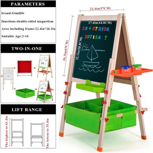  Gimilife Deluxe Easel for Kids, Folding Wooden Art Easel with Chalkboard, Whiteboard, and Storage Bins or Tray, Standing Easel with Magnetic Letters for Early Education (Wood, Fit