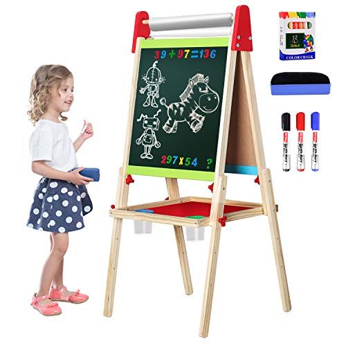  [아마존베스트]Gimilife Easel for Kids, Gimlife White Board Art Easel Chalkboard Double-Sided Dry Erase Whiteboard & Chalkboard Standing for Kids with Easel Paper Roll for Children Toddler Boys Girls Draw