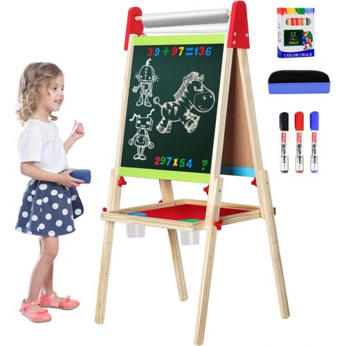  [아마존베스트]Gimilife Easel for Kids, Gimlife White Board Art Easel Chalkboard Double-Sided Dry Erase Whiteboard & Chalkboard Standing for Kids with Easel Paper Roll for Children Toddler Boys Girls Draw