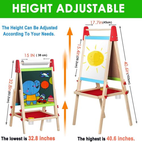  [아마존베스트]Gimilife Easel for Kids, Gimlife White Board Art Easel Chalkboard Double-Sided Dry Erase Whiteboard & Chalkboard Standing for Kids with Easel Paper Roll for Children Toddler Boys Girls Draw