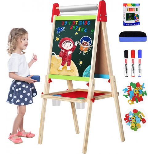  [아마존베스트]Gimilife Easel for Kids, Gimlife White Board Art Easel Chalkboard Double-Sided Dry Erase Whiteboard & Chalkboard Standing for Kids with Easel Paper Roll for Children Toddler Boys Girls Draw