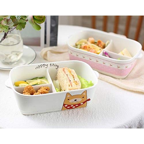  GinkgoHome Microwavable Ceramic Bento Box Lunch Box Food Container With Seal Fine Porcelain Rectangular Shape With Dividers(YellowPuppy)