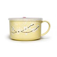 GinkgoHome Microwavable Ceramic Noodle Bowl with Handle and Seal Fine Porcelain Sakura Snow Flake Floral Design (LemonYellow)