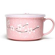 [아마존베스트]GinkgoHome Microwavable Ceramic Noodle Bowl with Handle and Seal Fine Porcelain Sakura Snow Flake Floral Design (BlossomPink)