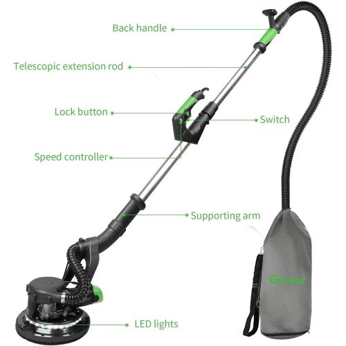  [아마존베스트]Drywall Sander, Ginour 6A Electric Sander for Drywall With Vacuum Attachment, Variable Speed & LED Light, Extendable Handle, Long Dust Hose, Storage Bag, 6 Sanding Discs.