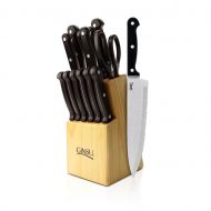 Ginsu Essential Series 14-Piece Stainless Steel Serrated Knife Set  Cutlery Set with Black Kitchen Knives in a Natural Block, 04817DS