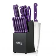 Ginsu Essential Series 14-Piece Stainless Steel Serrated Knife Set  Cutlery Set with Purple Kitchen Knives in a Black Block, 03891DS