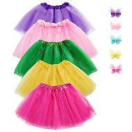 Girls Tutu Skirt Set, Jeowoqao 5-pack 3 Layer Ballet Dance Tutu Dress with 5-pcs Flower Hairpins Fit Kids Age 3-8