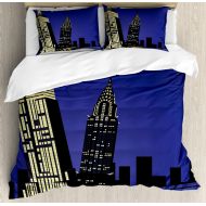 Girls bedding Ambesonne City Duvet Cover Set, Skyscrapers and Taxi New York Theme American Downtown Scenic Skyline, Decorative 3 Piece Bedding Set with 2 Pillow Shams, King Size, Blue Yellow