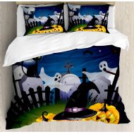 Girls bedding Halloween King Size Duvet Cover Set by Ambesonne, Funny Cartoon Design with Pumpkins Witches Hat Ghosts Graveyard Full Moon Cat, Decorative 3 Piece Bedding Set with 2 Pillow Shams,