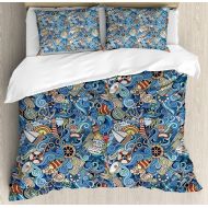 Girls bedding Ambesonne Nautical Duvet Cover Set, Abstract Pattern Sea Shells Sea Horse Corals Fish Rob Globe Maps Wavy Ocean, Decorative 3 Piece Bedding Set with 2 Pillow Shams, Queen Size, Blu