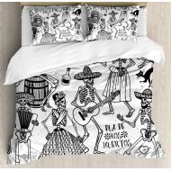 Girls bedding Ambesonne Mexican Duvet Cover Set, Day of The Dead Dancers Themed Woman and Man Skeleton Playing Music Design, Decorative 3 Piece Bedding Set with 2 Pillow Shams, Queen Size, Black
