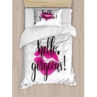 Girls bedding Ambesonne Hello Gorgeous Duvet Cover Set, Modern Motivational Saying with Lipstick for Ladies Girls, Decorative 2 Piece Bedding Set with 1 Pillow Sham, Twin Size, Black White and P