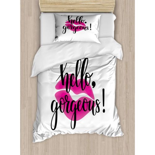  Girls bedding Ambesonne Hello Gorgeous Duvet Cover Set, Modern Motivational Saying with Lipstick for Ladies Girls, Decorative 2 Piece Bedding Set with 1 Pillow Sham, Twin Size, Black White and P