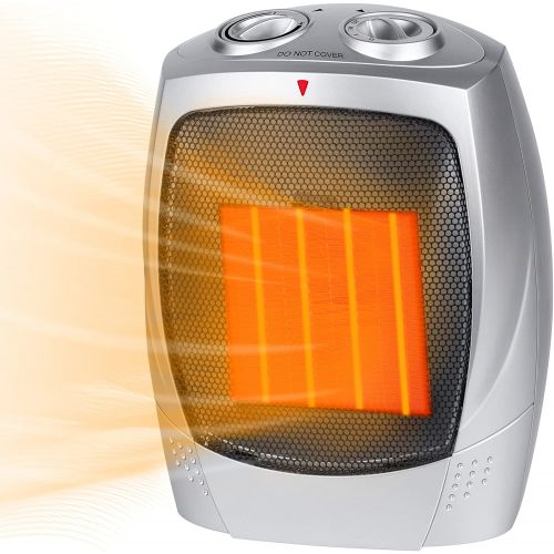  GiveBest Ceramic Space Heater, 750W/1500W Portable Electric Heater with Adjustable Thermostat, Normal Fan and Safety Tip Over Switch for Bedroom Office Desk Indoor Use (Silver)