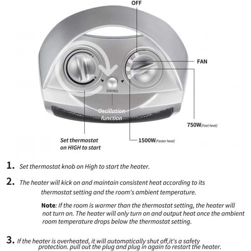  GiveBest Oscillating Portable Ceramic Space Heater, Electric Heater with Thermostat Overheat Protection and Tip Over Protection,750/1500W Personal Heater with Carrying Handle for Home Offic