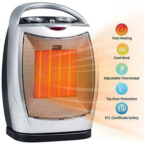  GiveBest Oscillating Portable Ceramic Space Heater, Electric Heater with Thermostat Overheat Protection and Tip Over Protection, 750/1500W Personal Heater with Carrying Handle, Silver and B