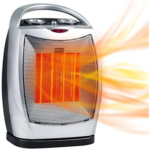  GiveBest Oscillating Portable Ceramic Space Heater, Electric Heater with Thermostat Overheat Protection and Tip Over Protection, 750/1500W Personal Heater with Carrying Handle, Silver and B