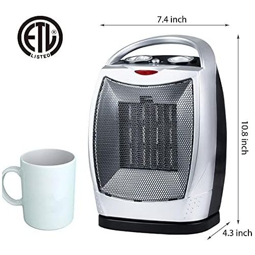  GiveBest Oscillating Portable Ceramic Space Heater, Electric Heater with Thermostat Overheat Protection and Tip Over Protection, 750/1500W Personal Heater with Carrying Handle, Silver and B